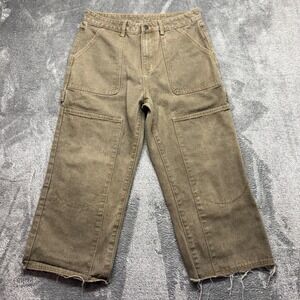 Sumwon Carpenter Pants Mens Size M Olive Brown Good Double Knee Raw Hem